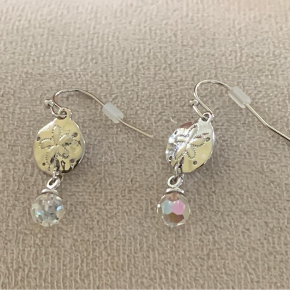 Silver Plated Swarovski Beaded Button shaped Sand-dollar charm Earrings - Picture 3 of 3
